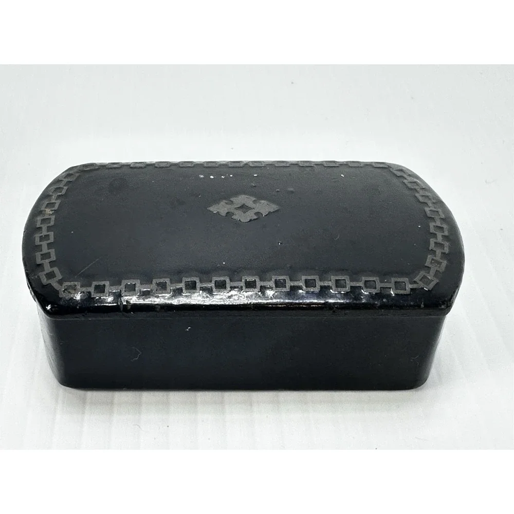 Vintage French Lacquerware‎ Black Lacquer Trinket Snuff Box Silver Inlay